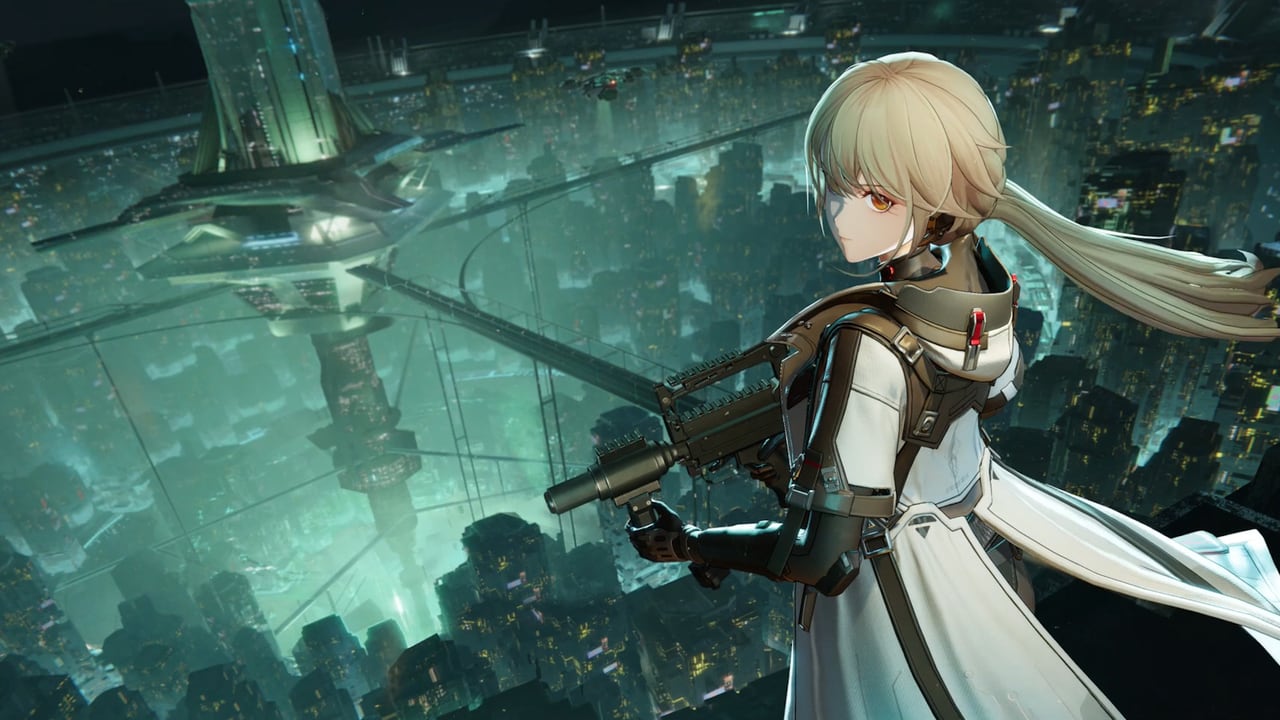 Groza from Girls' Frontline 2: Exilium standing over a night city with a rifle